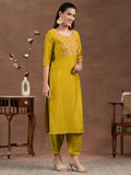 Libas Womens Woven Design Silk Blend Straight Kurta With Salwar And Dupatta Mustard 2Xl