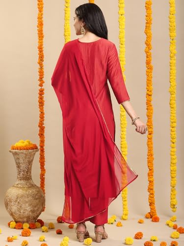 Anni Designer Women'S Rayon Viscose Straight Embroidered Kurta With Pant & Dupatta (Galpatiyo Red_S_Red_Small),Red,S,Rayon Viscose,Regular,