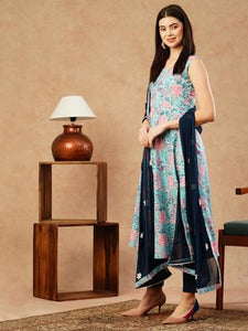 Anni Designer Women'S Cotton Blend Anarkali Printed Kurta With Pant & Dupatta (Goanni Blue-Fka_L_Blue_Large),Blue,L,Cotton Blend,Anarkali,Kurta, Scarf