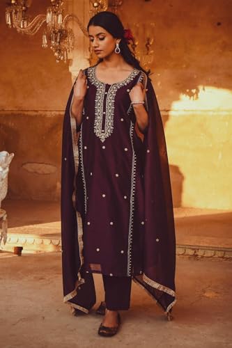 Anni Designer Women'S Cotton Blend Embroidered Straight Kurta With Pant & Dupatta (Ultra101 Wine_Xl_Wine_X-Large),Wine,XL,Cotton Blend,ANNI DESIGNER Women's Cotton Blend Embroidered Straight Kurta with Pant & Dupatta (Ultra101 Wine),Kurta, Scarf