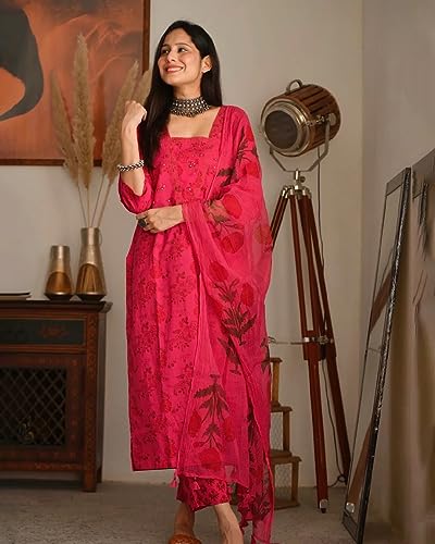 Anni Designer Women'S Cotton Blend Straight Printed Kurta With Pant & Dupatta (Sweet Rani_S_Pink_Small),Pink,S,Cotton Blend,Regular,Dupatta