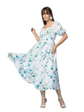 Oomph! Women'S Western & Fusion Wear Printed Crepe Dress For Women Puffed Sleeve Blue - Md1042,Aquamarine BlueApparel,S