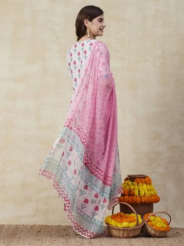 Anni Designer Women'S Cotton Blend Straight Printed Kurta With Pant & Dupatta (Pipad Cream-Nre_L_Cream_Large),Cream,L,Cotton Blend,Regular,