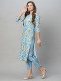 Anni Designer Women'S Cotton Blend Straight Printed Kurta With Pant Set (Pahal Blue_Xl_Blue_X-Large),Blue,XL,Cotton Blend,Regular,