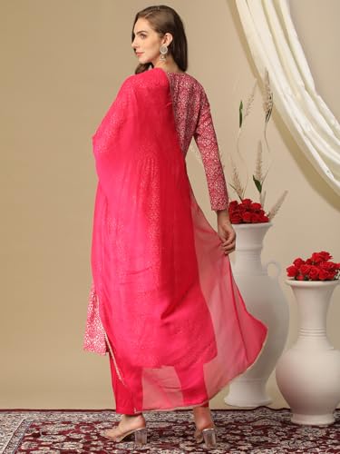 Anni Designer Women'S Cotton Blend Printed Straight Kurta With Pant & Dupatta (Manchali-Rani-Nw_Xxl_Pink_Xx-Large),Pink,2XL,Cotton Blend,Casual,