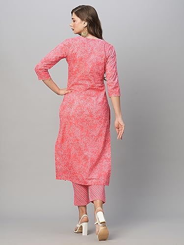 Anni Designer Women'S Cotton Blend Straight Printed Kurta With Pant Set (Edf-Pink_M_Pink_Medium),Pink,M,Cotton Blend,Regular,