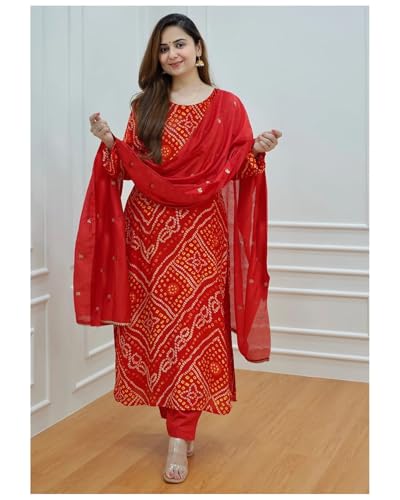 Anni Designer Women'S Rayon Blend Straight Bandhani Printed Kurta With Pant & Dupatta (Nagwar Red_Xxl_Red_Xx-Large),Red,2XL,Rayon Blend,Regular,Kurta, Scarf