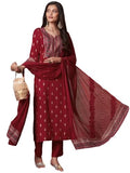 Anni Designer Women'S Rayon Blend Printed Straight Kurta With Pant & Dupatta (Toxic Red_Xl_Red_X-Large),Red,XL