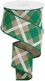 Plaid Canvas Wired Edge Ribbon, 10 Yards (Light Beige, Green, White, 2.5)