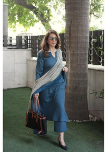 Gosriki Women'S Rayon Blend Straight Solid Kurta With Pant & Dupatta (Rozana Cerosin-Vks01-Gs_S_Dark Blue_Small),Dark Blue,,B0DNBCYYGD