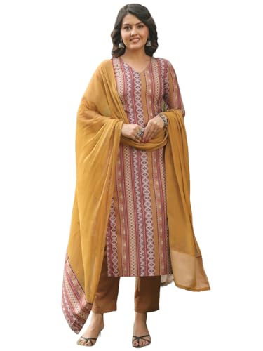 Anni Designer Women'S Rayon Blend Straight Printed Kurta With Pant & Dupatta (Mukesh Multi_S_Multicolor_Small),Multicolour,S