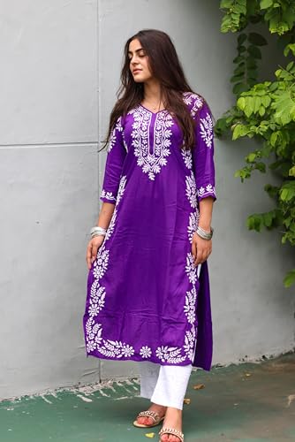 Anni Designer Women'S Cotton Blend Chikankari Embroidered Straight Kurta (Roomali Purple-Nw_S_Purple_Small),Purple,S,Cotton Blend,Regular,