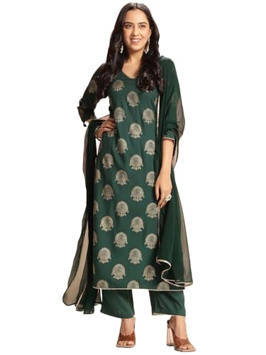 Anni Designer Women'S Rayon Blend Printed Straight Kurta With Pant & Dupatta (Jubal Green_Xxl_Green_Xx-Large),GREEN,2XL