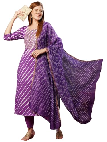 Anni Designer Women'S Cotton Blend Straight Printed Kurta With Pant & Dupatta (Doremi Purple-Jl_S_Purple_Small),Purple,S