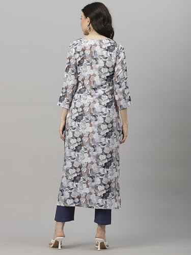Anni Designer Women'S Cotton Blend Regular Fit Straight Printed Kurta With Pant (Southz Grey-Nw_Xl_Blue_X-Large),Grey,XL,Cotton Blend,Straight,