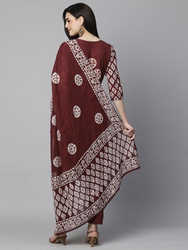 Anni Designer Women'S Cotton Blend Printed Straight Kurta With Pant & Dupatta (Sayara-Wine-Nw_M_Wine_Medium),Wine,M,Cotton Blend,Regular,