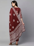 Anni Designer Women'S Cotton Blend Printed Straight Kurta With Pant & Dupatta (Sayara-Wine-Nw_M_Wine_Medium),Wine,M,Cotton Blend,Regular,