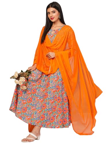 Anni Designer Women'S Rayon Blend Bagru Printed Anarkali Kurta With Pant & Dupatta (Locket-Multi-Nw_S_Mustard_Small),Mustard,S