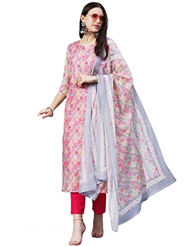 Anni Designer Women'S Cotton Blend Printed Straight Kurta With Pant & Dupatta (Waha Pink-Nw_Xxl_Pink_Xx-Large),Pink,2XL