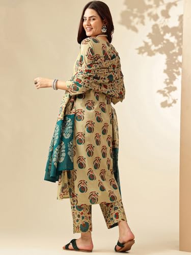 Gosriki Women'S Rayon Blend Straight Printed Kurta With Pant & Dupatta (Kartar Beige-Gs_S_Beige_Small),Beige,,B0DBM2PL8V