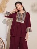 Tadkee Women'S Geometric Printed Sequin Decorated Woven Fringe Two Piece Set | 3/4 Sleeve Co-Ord Set (Fn-Pop-Printed-Nack-Set-123-Maroon-L)