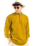 Royalscout Men'S Cotton Polyester Blend Solid Regular Fit Full Sleeve Short Kurta Gold