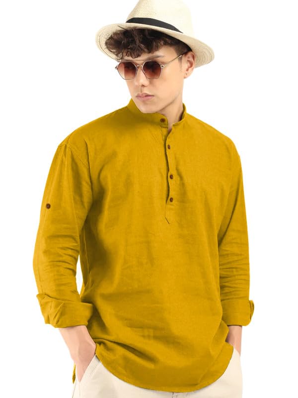 Royalscout Men'S Cotton Polyester Blend Solid Regular Fit Full Sleeve Short Kurta Gold
