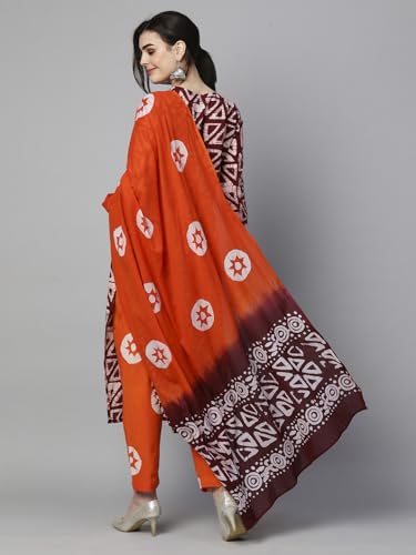 Anni Designer Women'S Cotton Blend Printed Straight Kurta With Pant & Dupatta (Karka Op-Wine_L_Wine_Large),Wine,L,Cotton Blend,Regular,Kurta, Scarf