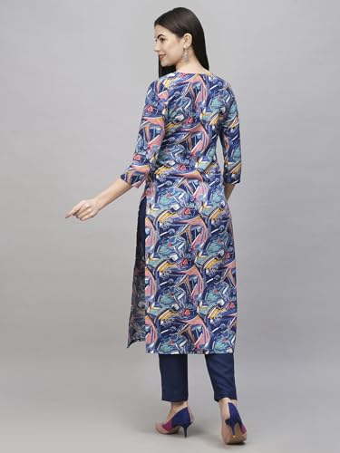 Anni Designer Women'S Cotton Blend Printed Straight Kurta With Pant (Uop_1486_Blue_Large),Blue,L,Cotton Blend,Straight,