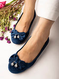 Shoetopia Women & Girls Blue Velvet Ballet Flats Slip-On Shoes With Bow & Pearl Charm | Comfortable Casual Dress Shoes Eu40,Blue,7,B0BSCCZ8MJ
