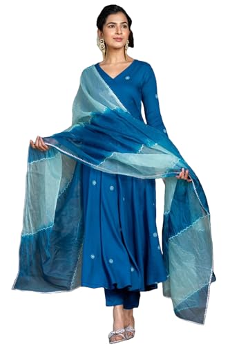 Anni Designer Women'S Cotton Blend Anarkali Embroidered Kurta With Pant & Dupatta (Gsk-Cerosin_M_Blue_Medium),Blue,M