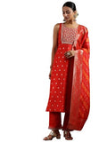 Libas Womens Woven Design Silk Blend Straight Kurta With Trousers And Dupatta