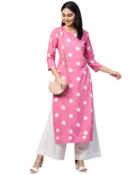 Anni Designer Women'S Crepe Traditional Straight Printed Kurta (Dots-Pink-28_Xxl_Pink_Xx-Large),Pink,2XL
