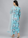 Anni Designer Women'S Cotton Blend Printed Straight Kurta With Pant & Dupatta (Itta Sty Blue_Xl_Blue_X Large),Blue,XL,Cotton,Straight,