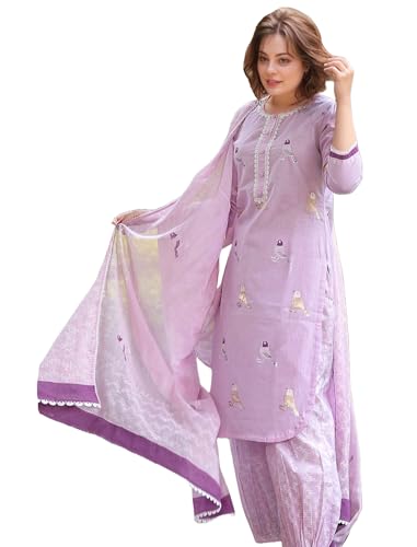 Anni Designer Women'S Rayon Blend Straight Hand Block Printed Kurta With Pant & Dupatta (Ragsri Purple-Vks01_Xl_Purple_X-Large),Purple,XL