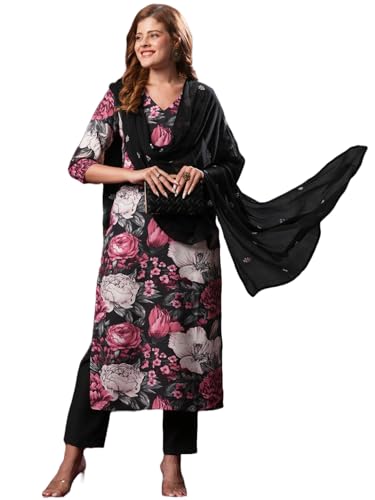 Gosriki Women'S Rayon Blend Straight Printed Kurta With Pant & Dupatta (Poona Black-Vks01-Gs_S_Black_Small),Black,,B0D9YTDKKQ