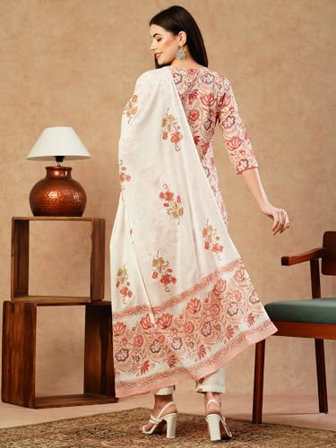 Anni Designer Women'S Cotton Blend Straight Printed Kurta With Pant & Dupatta (Dhama Peach_S_Peach_Small),Peach,S,Cotton Blend,Dhama Peach_1438,