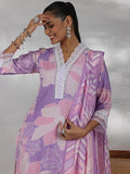 Libas Womens Printed Cotton Blend Straight Kurta With Trousers And Dupatta Purple M