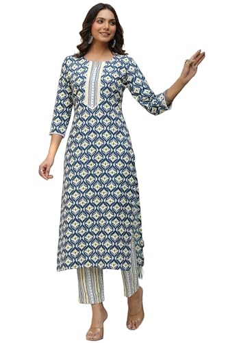 Gosriki Women'S Cotton Blend Straight Printed Kurta With Pant (Tbh Blue-Bfv-Gs_3Xl_Blue_Xxx-Large),Blue,3,B0CPXVDDQB