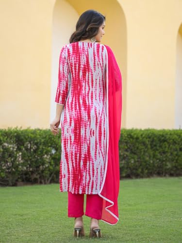 Anni Designer Women'S Rayon Blend Printed Straight Kurta With Pant & Dupatta (Kirkatu Pink_L_Pink_Large),Pink,L,Rayon Blend,Regular,