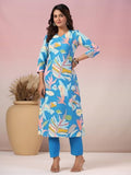 Anni Designer Women'S Rayon Blend Straight Printed Kurta With Pant (Jonaki Blue-Nw_4Xl_Blue_Xxxx-Large),Blue,4XL,Rayon Blend,Casual,Kurta