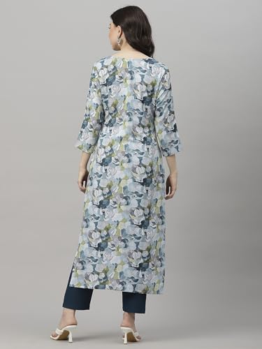 Anni Designer Women'S Cotton Blend Straight Printed Kurta With Pant (Southz Blue-Nw_5Xl_Blue_Xxxxx-Large),Blue,5XL,Cotton Blend,Kurta,