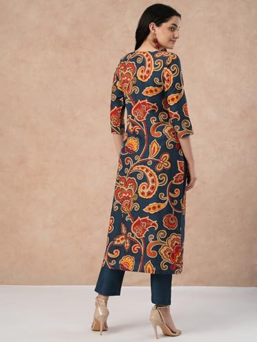 Anni Designer Women'S Cotton Blend Straight Fit Printed Kurta With Pant (Tinka Kerosin_M_Dark Blue_Medium),Dark Blue,M,Cotton Blend,Regular,Kurta