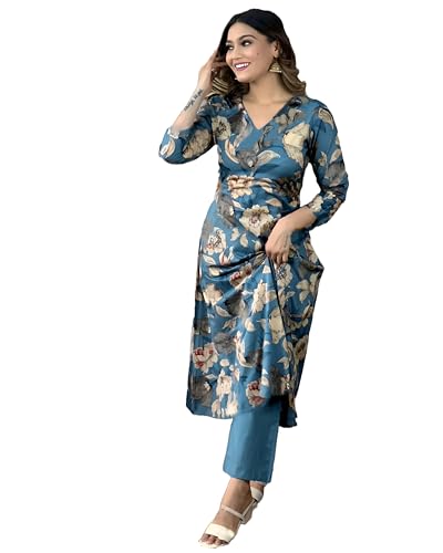 Anni Designer Women'S Cotton Blend Straight Printed Kurta With Pant (Dhun Cerosin-Nw_M_Dark Blue_Medium),Dark Blue,M