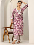 Libas Womens Printed Silk Blend Straight Kurta With Trousers Mauve L