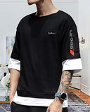 Eyebogler Men'S Round Neck Loose Fit Solid 3/4Th Sleeves T-Shirt,Black::WhiteApparel,M