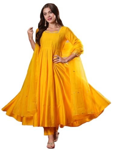 Anni Designer Women'S Rayon Blend Anarkali Solid Kurta With Pant & Dupatta (Sitapati Yellow-Vks01_4Xl_Yellow_Xxxx-Large),Yellow,4XL