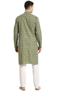 Sojanya (Since 1958 Men'S Cotton Mehendi & White Print Kurta & White Churidar Pyjama Set