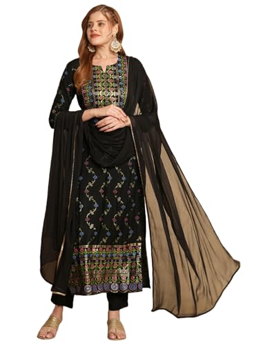 Anni Designer Women'S Cotton Blend Straight Printed Kurta With Pant & Dupatta (Kamita Black-Nw_S_Black_Small),Black,S