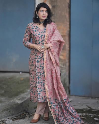 Anni Designer Women'S Cotton Blend Printed Straight Kurta With Pant & Dupatta (Moringa Green-Jm_L_Green_Large),Green,L,Cotton Blend,Regular,